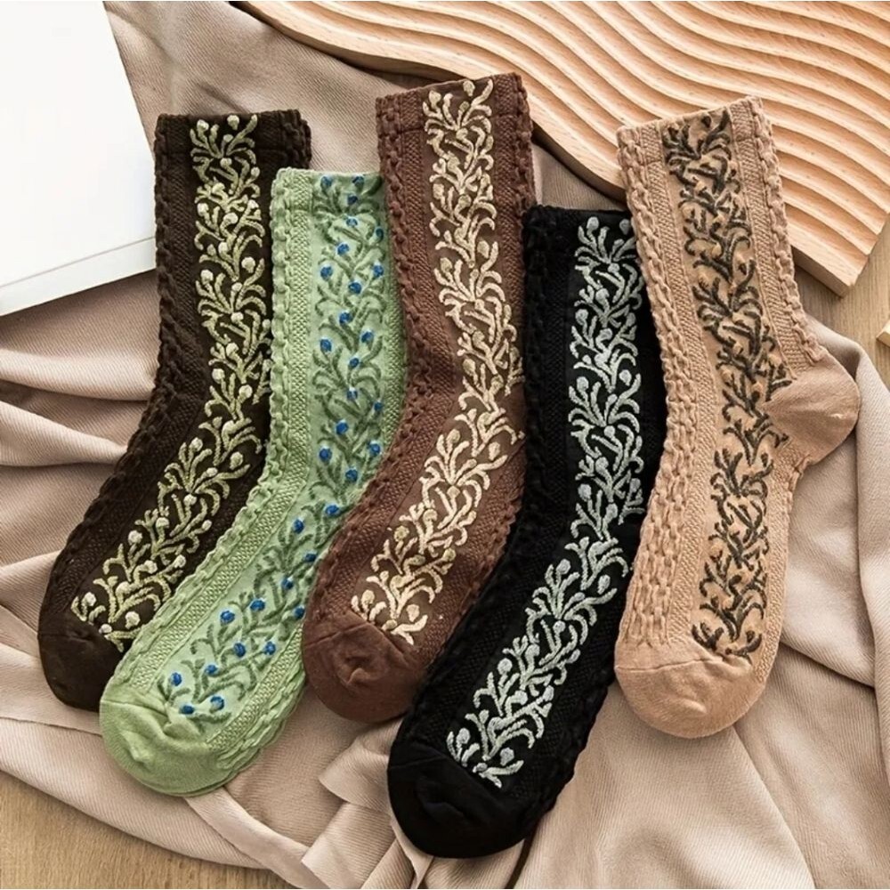 5 Pairs neutral color plant Pattern Socks cottagecore Tube Socks